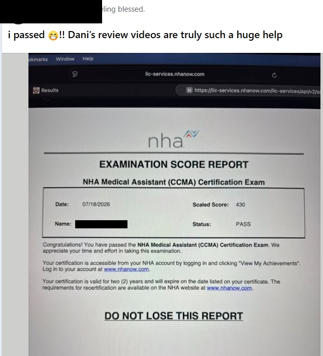 Student Medical Assistant score report showing a scaled score of 430 with a PASS status, name blacked out