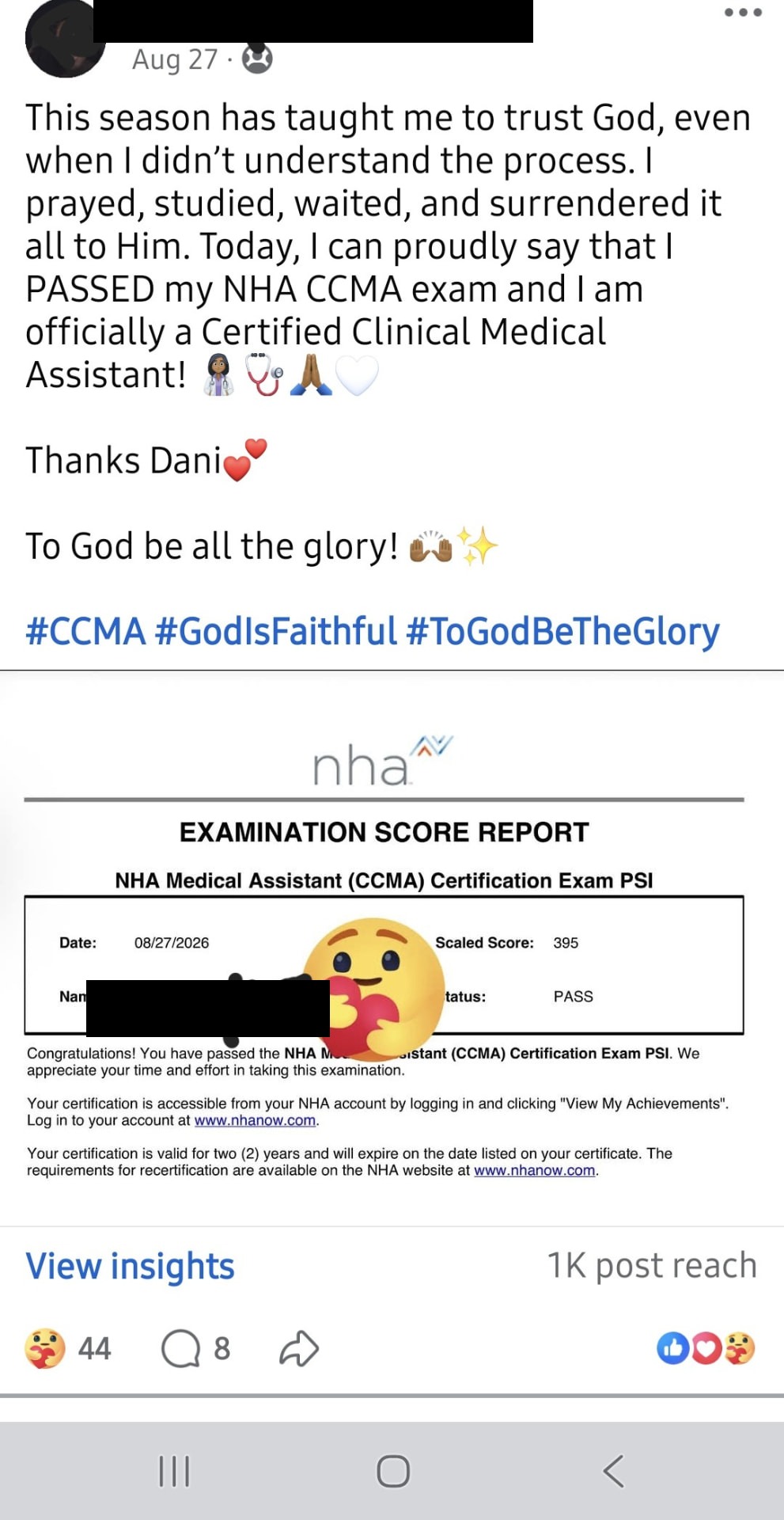 Student Medical Assistant score report showing a scaled score of 395 with a PASS status, name blacked out