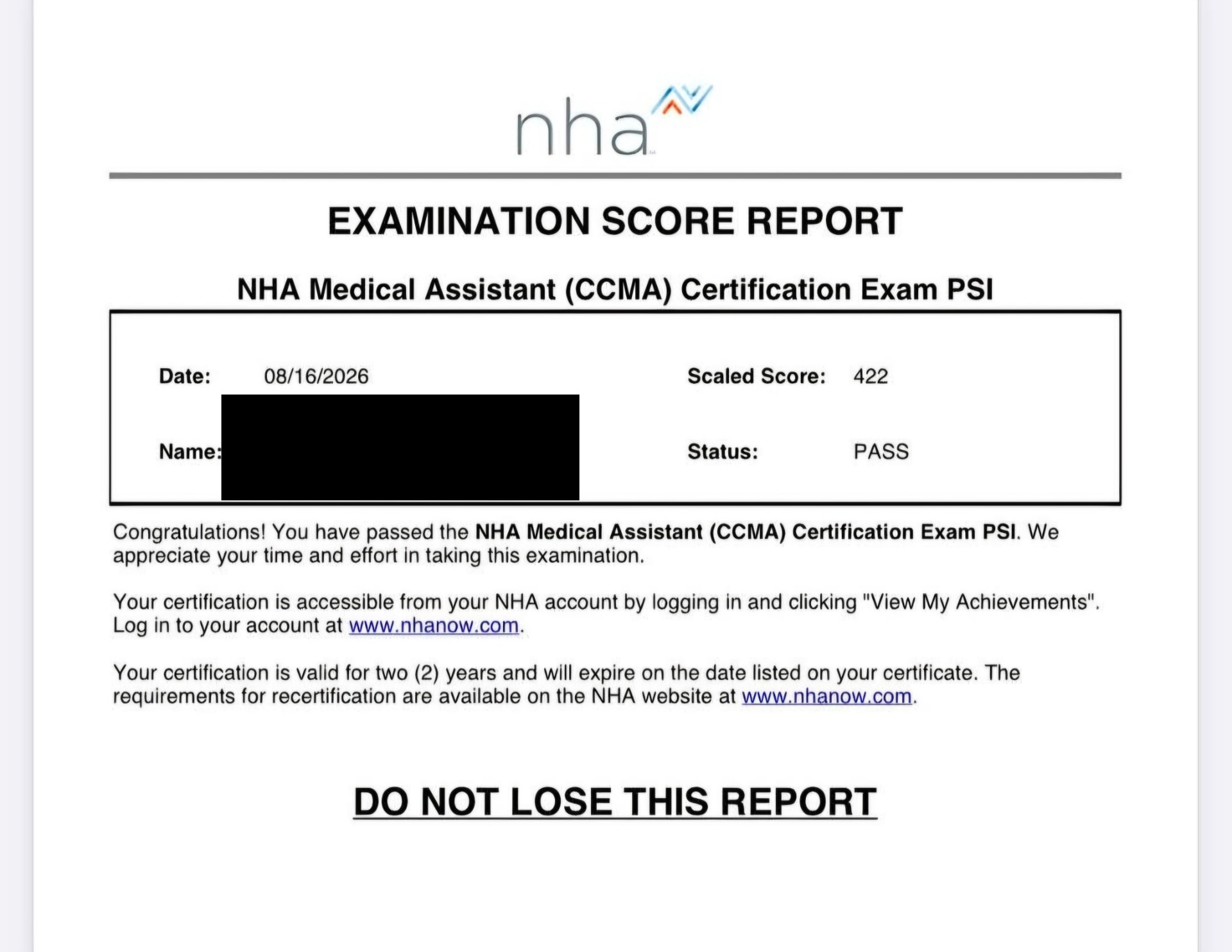 Student Medical Assistant score report showing a scaled score of 422 with a PASS status, name blacked out