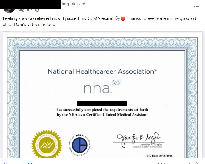 Student Certified Clinical Medical Assistant certificate, name blacked out