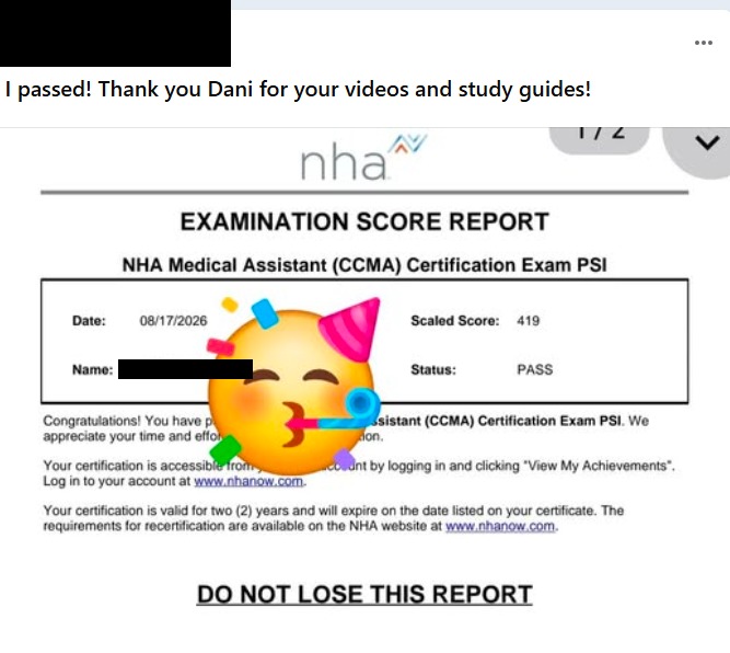 Student Medical Assistant score report showing a scaled score of 419 with a PASS status, name blacked out