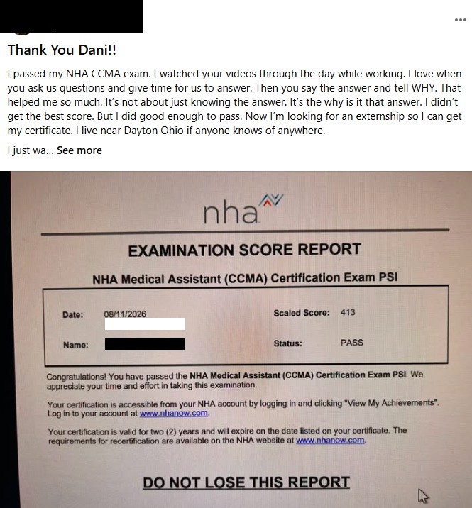 Student Medical Assistant score report showing a scaled score of 413 with a PASS status, name blacked out